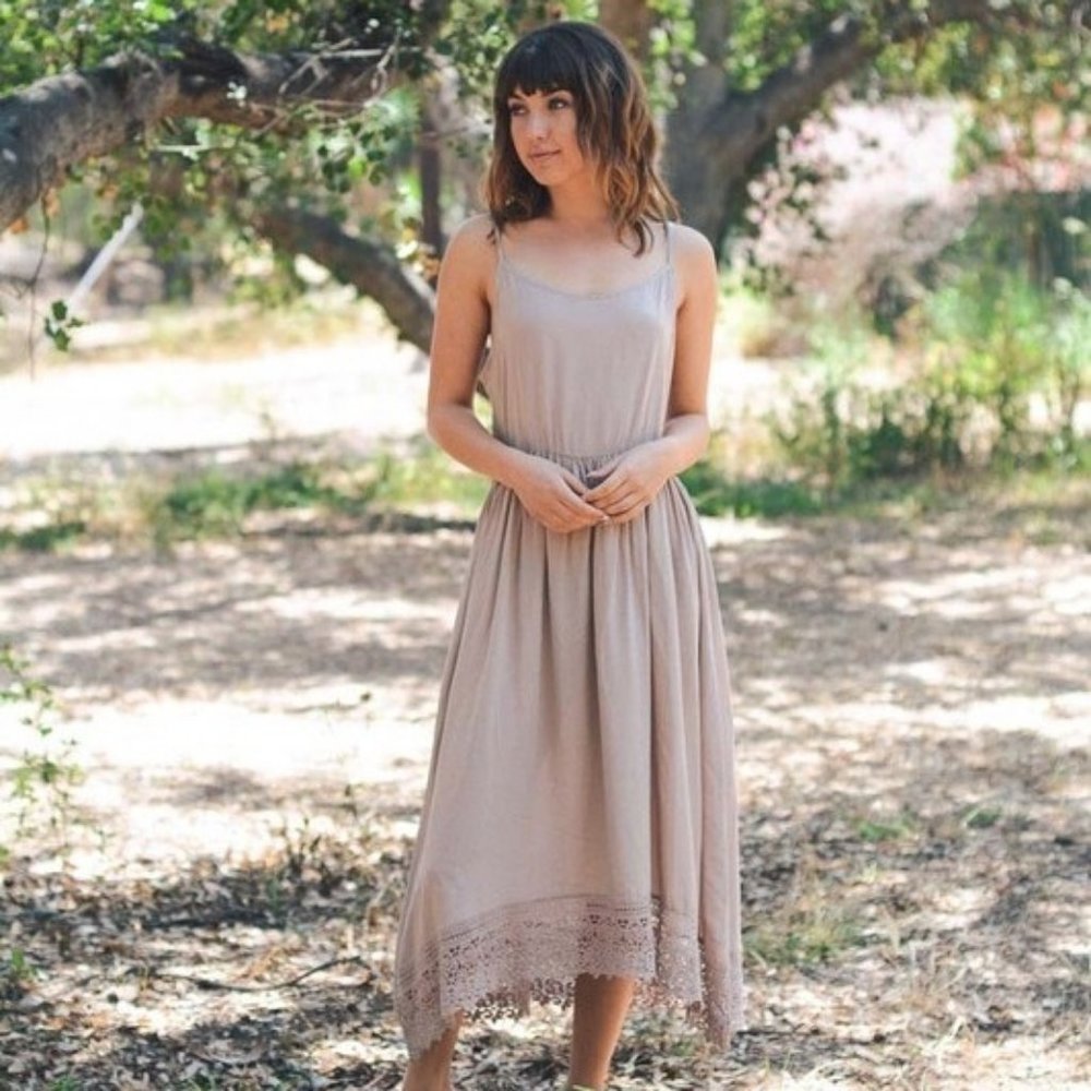 TAUPE LACE TRIM COTTON LINGERIE SLIP DRESS